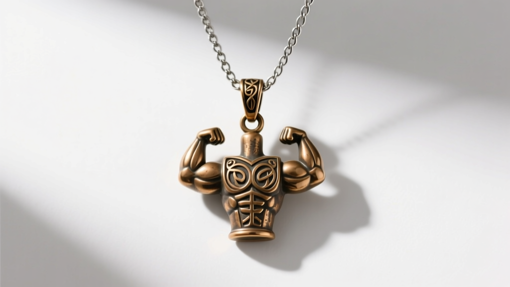 Bronze Amulet of Strength pendant on a 3mm steel Figaro chain with a lobster clasp, photographed on a seamless white backdrop