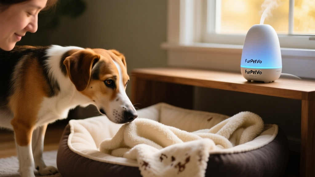 A dog gently sniffing a soft blanket draped over a pet bed, with a FurPetVo Calming Pheromone Diffuser visible on a nearby shelf