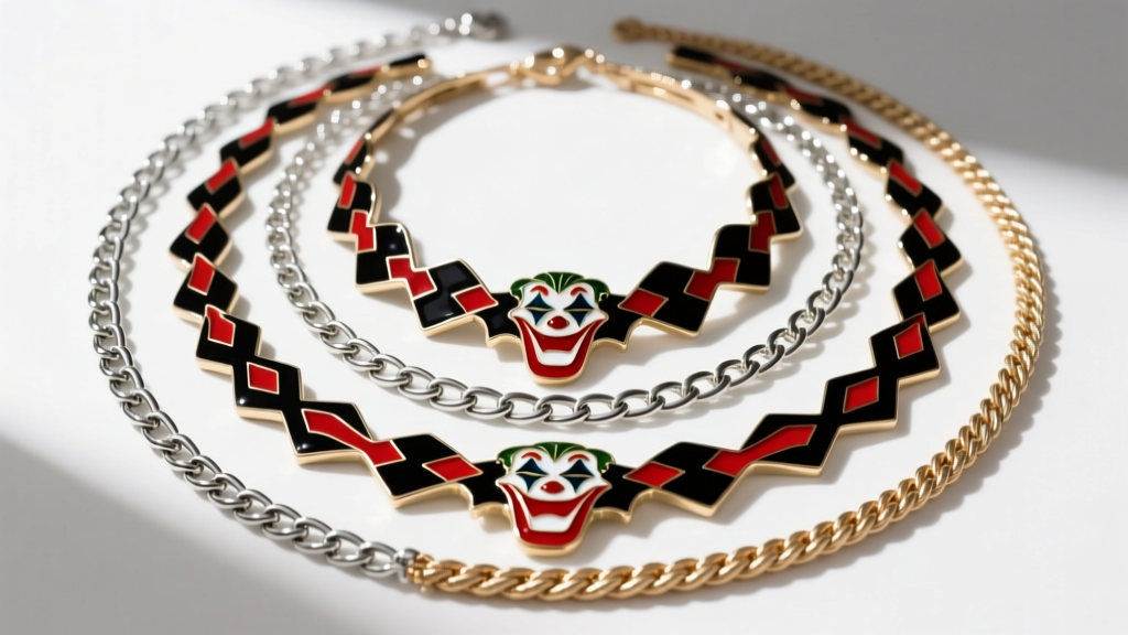 Flat lay of layered joker necklaces with black and red vitreous enamel details on varying lengths of silver box and rope chains