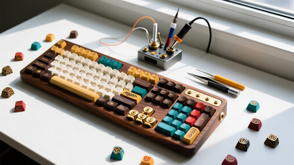 Overhead shot of a split mechanical keyboard with walnut wood cases and brass weight plates, surrounded by custom artisan keycaps and a soldering station.
