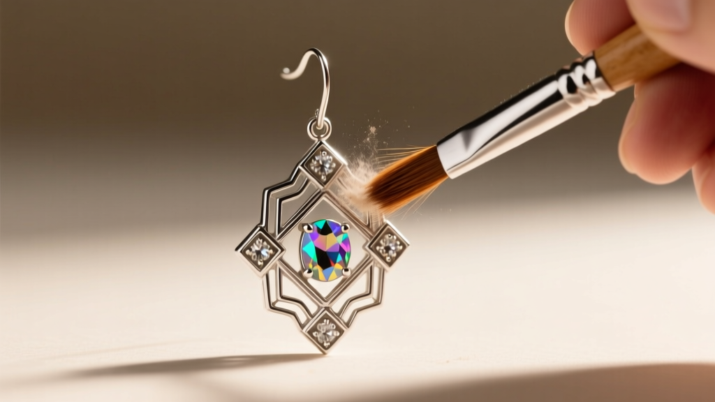 Jeweler using a soft horsehair brush to clean silver filigree and glued marcasite stones on a vintage art deco drop earring