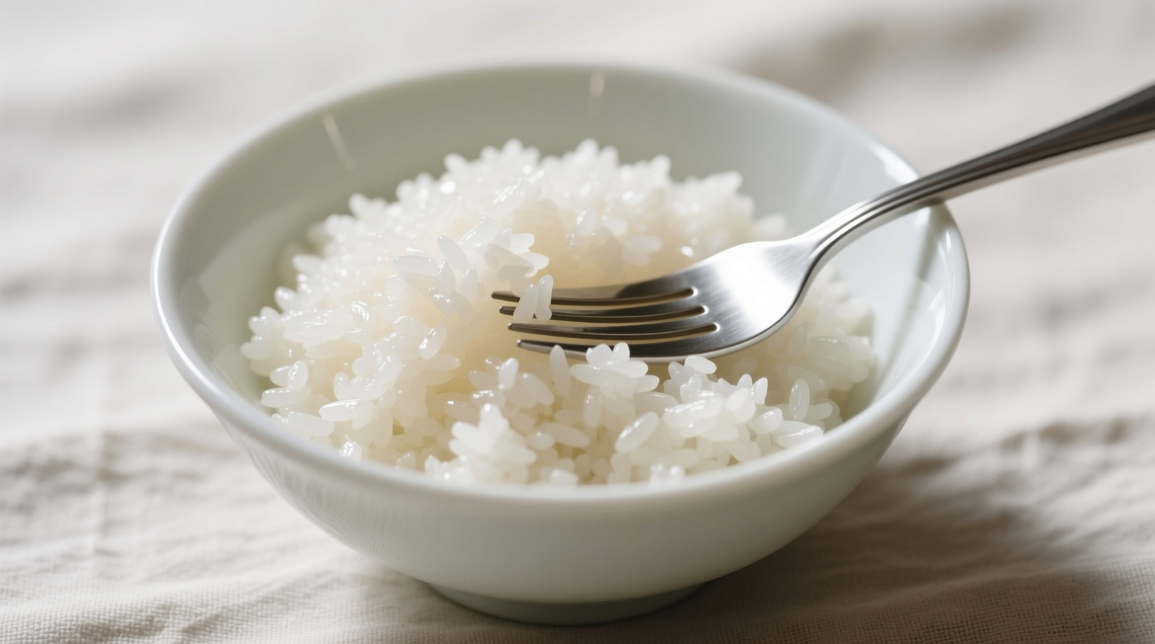 Perfectly cooked white rice in a bowl with fork