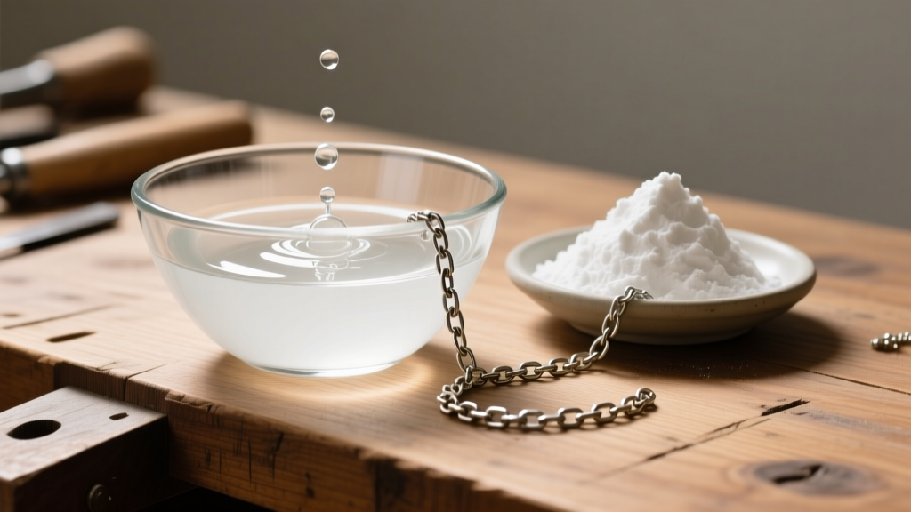 Glass bowl of white vinegar with a submerged chain beside baking soda paste on a wooden jewelry workbench under bright light.