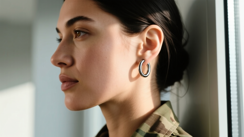 Close-up of a female soldier ear wearing a minimalist 16-gauge titanium huggie hoop earring during off-duty civilian downtime