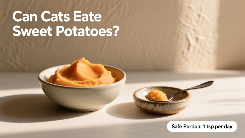 A bowl of plain, mashed sweet potato beside a small ceramic dish with a single spoonful—clean, minimalist setup showing safe portion size for cats