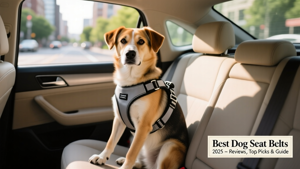 Dog wearing a seat belt harness sitting calmly in the back seat of a car