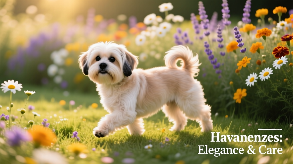 Havanese dog walking on a flowery lawn