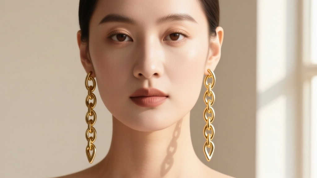 Portrait of a woman wearing long gold herringbone chain drop earrings, soft lighting highlighting the fluid V-shaped metal links.