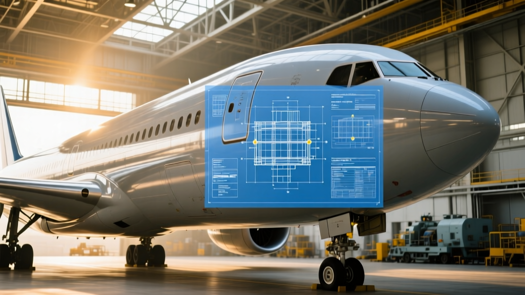 Blueprints and cost estimating spreadsheets overlaid on a massive commercial jet fuselage in an aerospace hangar, highlighting structural reinforcement points.