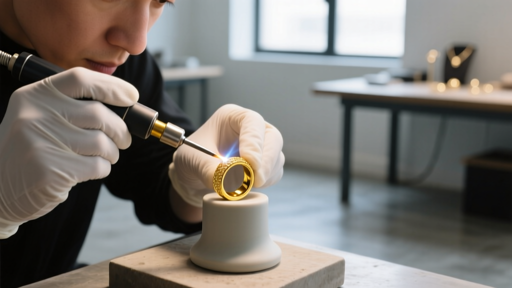 Close-up of a jeweler using a micro-laser welder to fuse a delicate 14k yellow gold permanent ring band on a ceramic mandrel