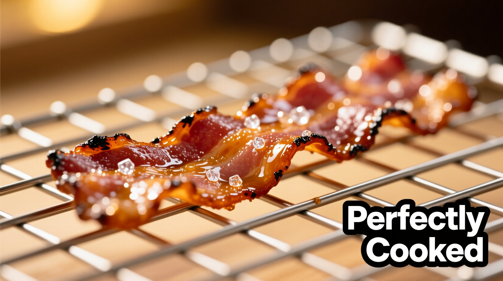 Perfectly cooked candied bacon on wire rack