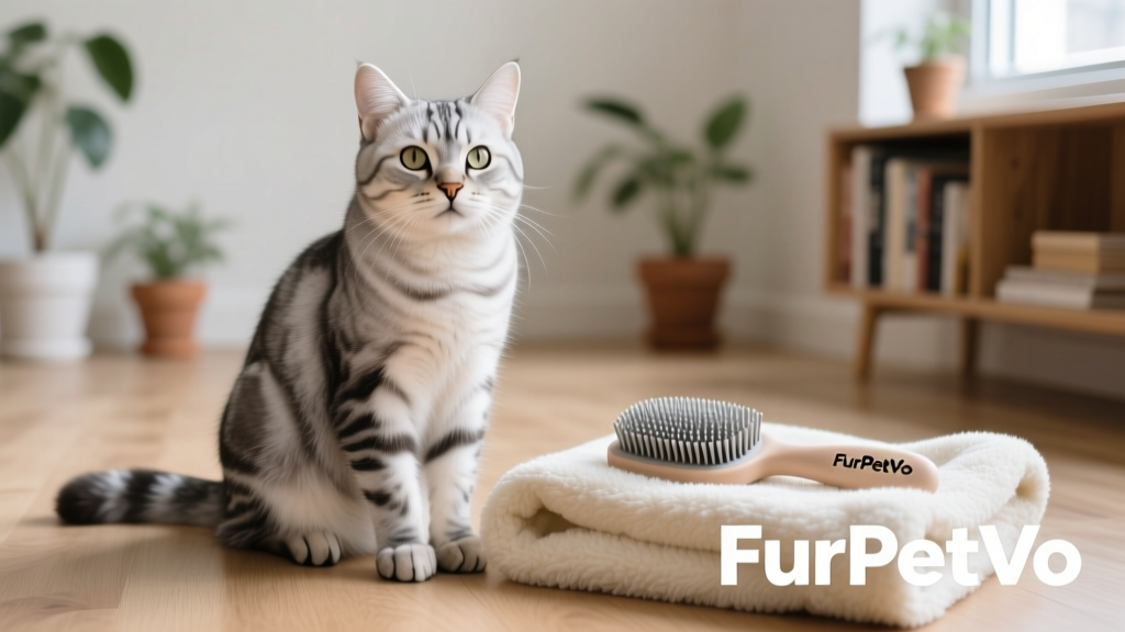 A silver tabby Ragamuffin sitting upright beside a FurPetVo-branded cat brush and a soft fleece blanket, looking alert and friendly