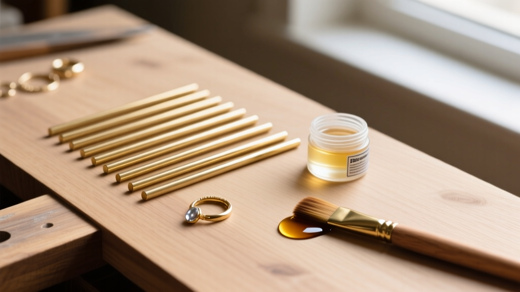 Close-up of 12-gauge brass rods, two-part epoxy, and tung oil on a workbench next to a sanded wooden base for jewelry crafting