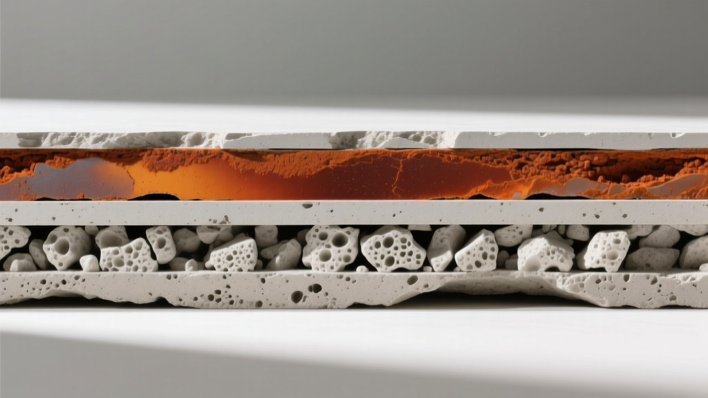 Cross-section of manufactured stone veneer showing Portland cement matrix, lightweight pumice aggregate, and iron oxide pigment layer