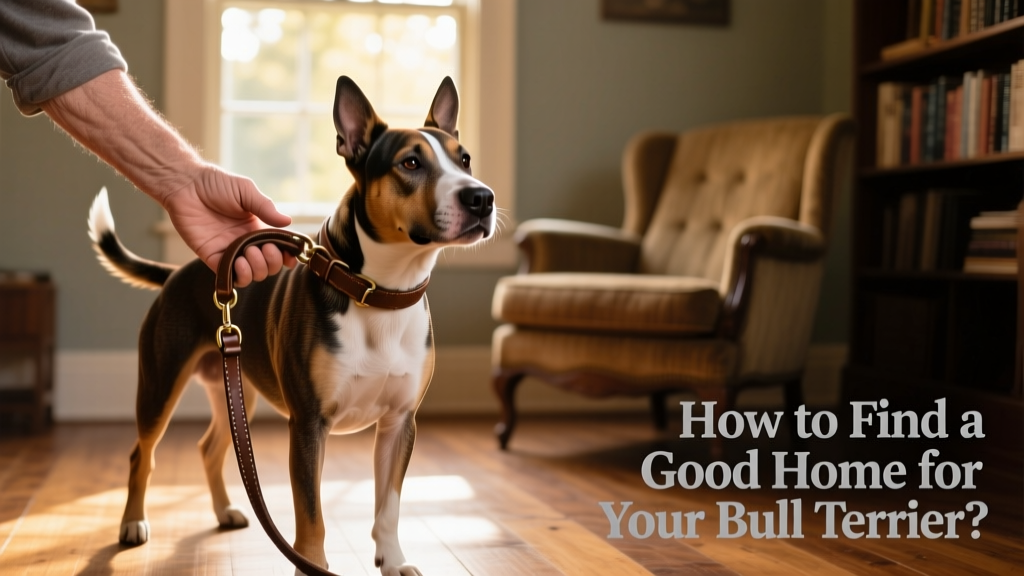 Two hands—one belonging to a current owner, the other to a new adopter—gently holding a Bull Terrier’s leash during a calm, respectful handover