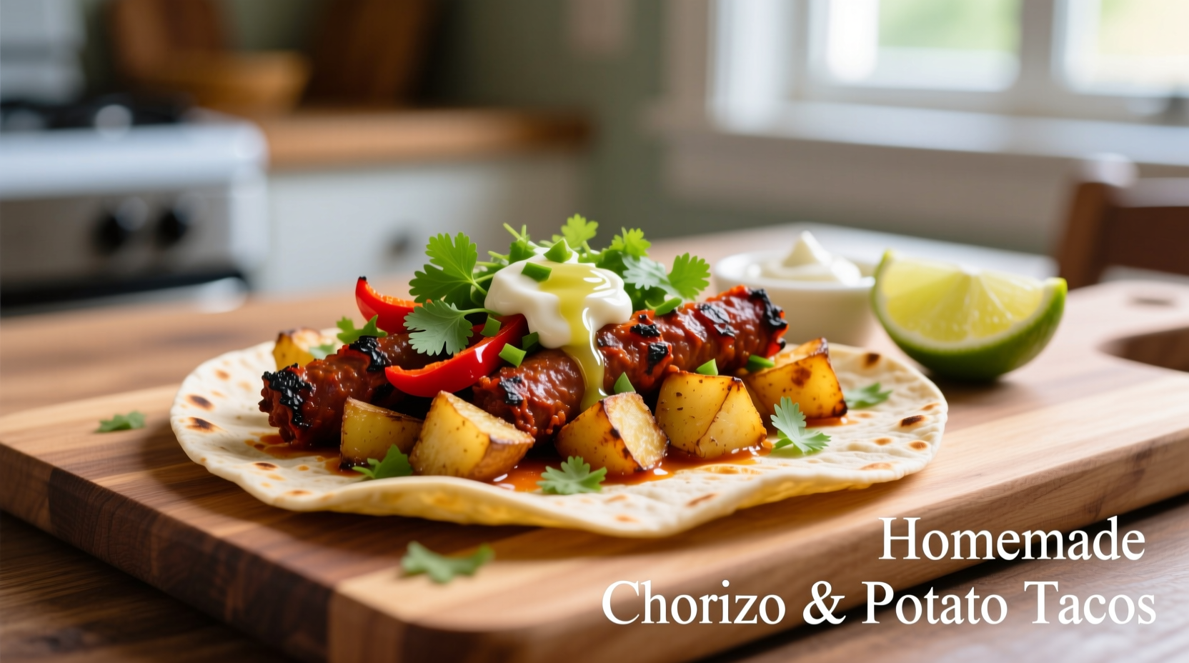 Homemade chorizo and potato tacos with fresh cilantro