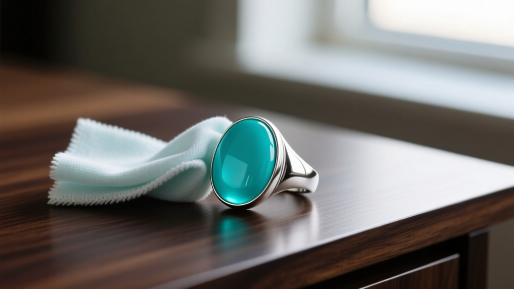 Hands gently wiping a large oval turquoise cabochon silver ring with a dry microfiber polishing cloth against a dark wooden desk.