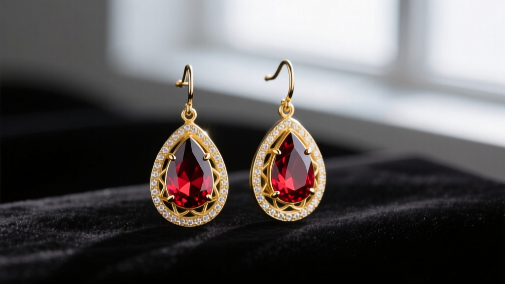 Close-up of 14k yellow gold garnet drop earrings resting on a dark velvet jeweler's tray under warm, focused studio lighting