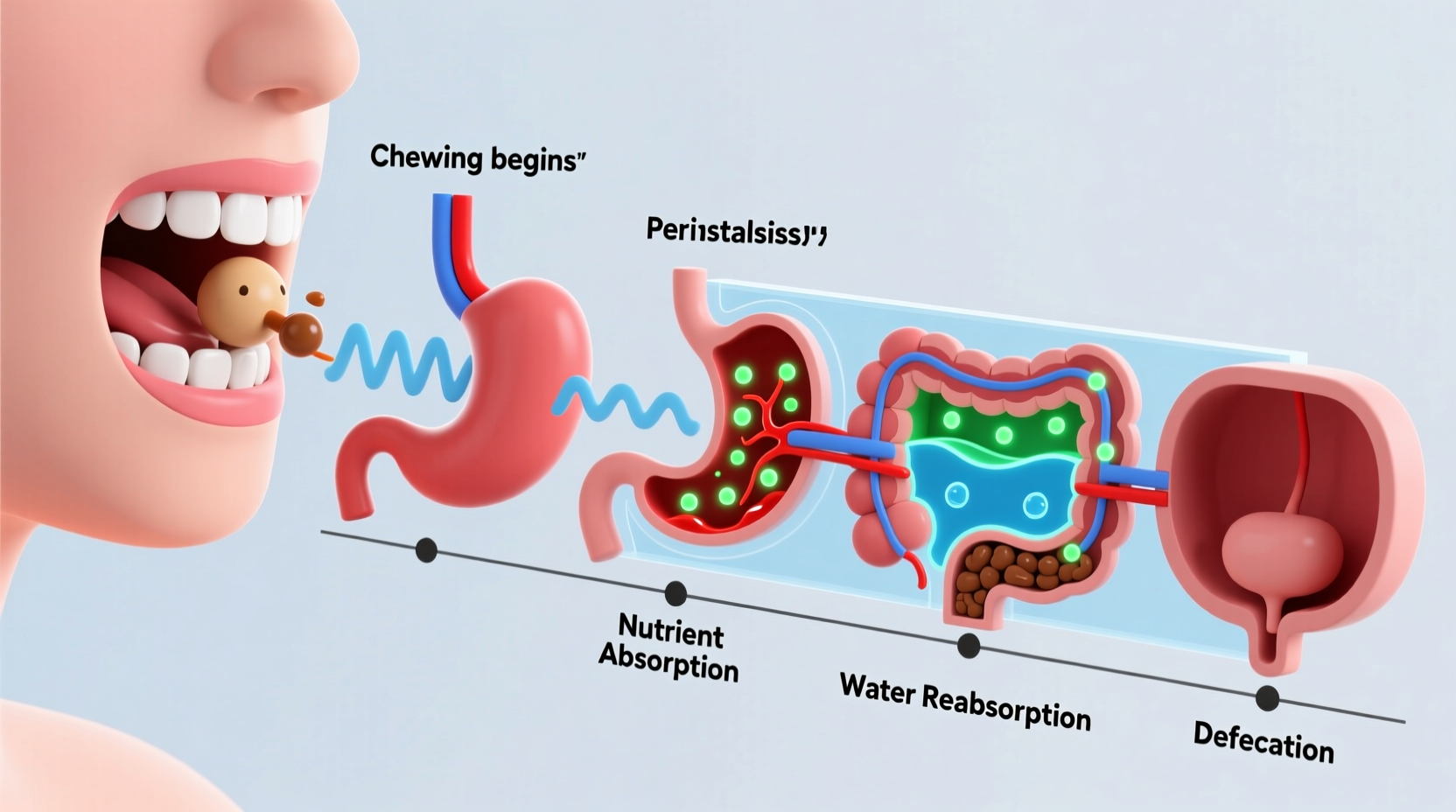 Digestive system timeline showing food movement stages