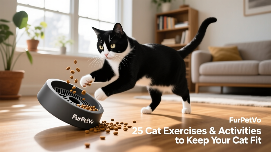 A black-and-white tuxedo cat batting at a FurPetVo puzzle feeder with visible kibble inside