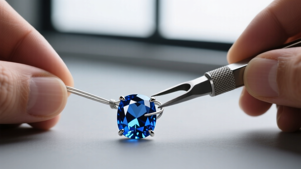 Hands using a steel bezel pusher to carefully fold 28-gauge silver wire over the girdle of a faceted blue sapphire gemstone.