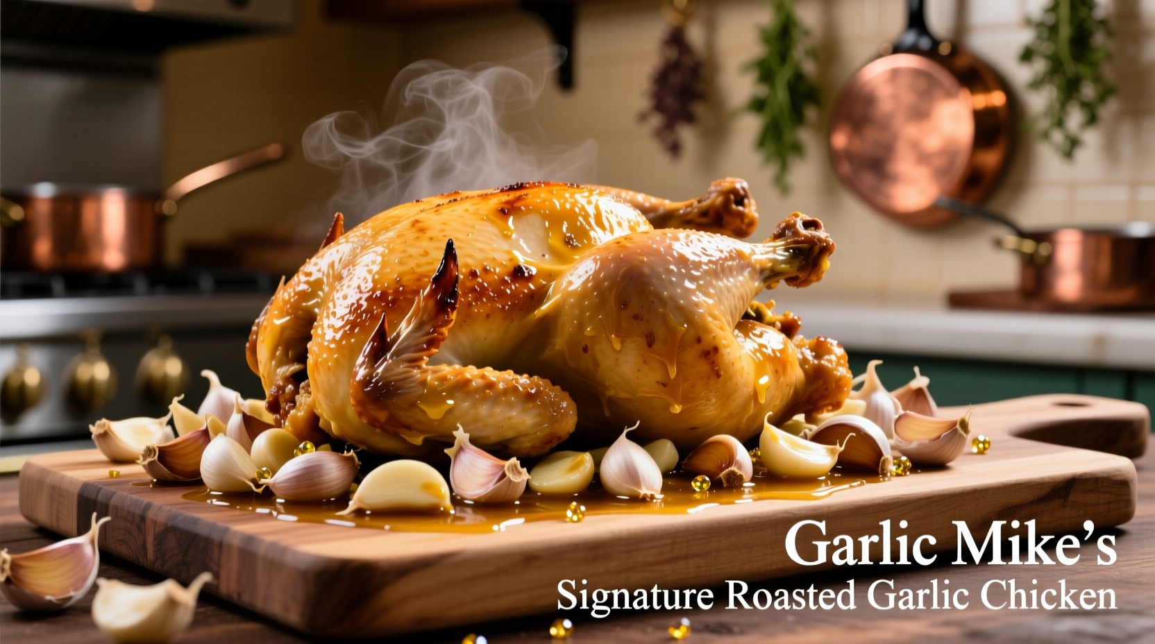 Garlic Mike's signature roasted garlic chicken dish