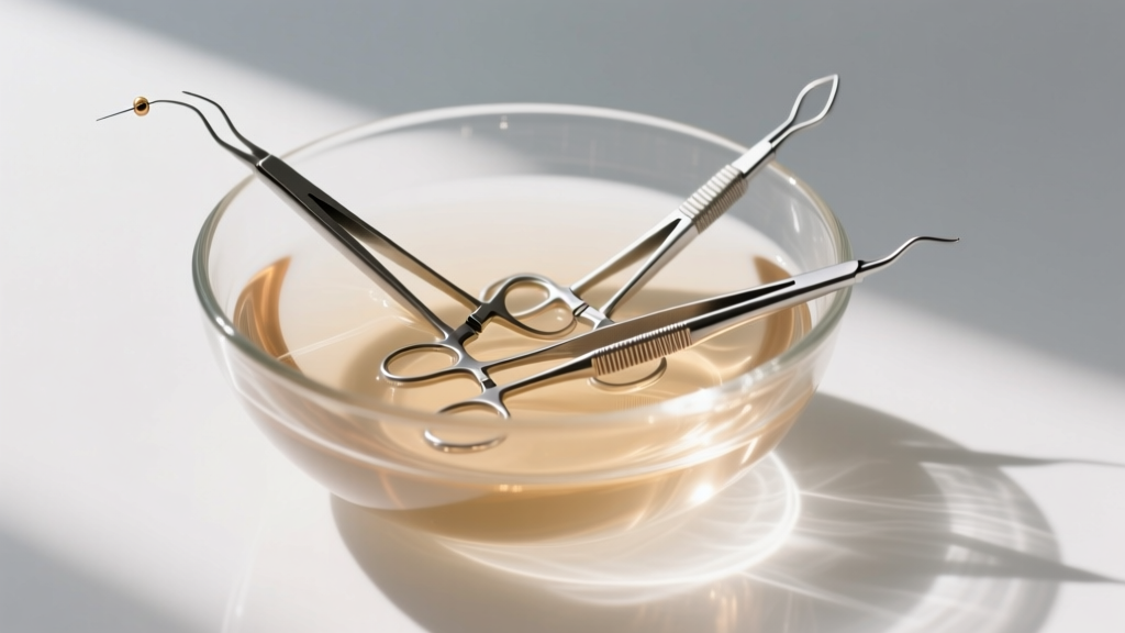 Glass bowl with warm saline and sterilized titanium hemostats used by piercers for safe, painless stuck earring removal methods