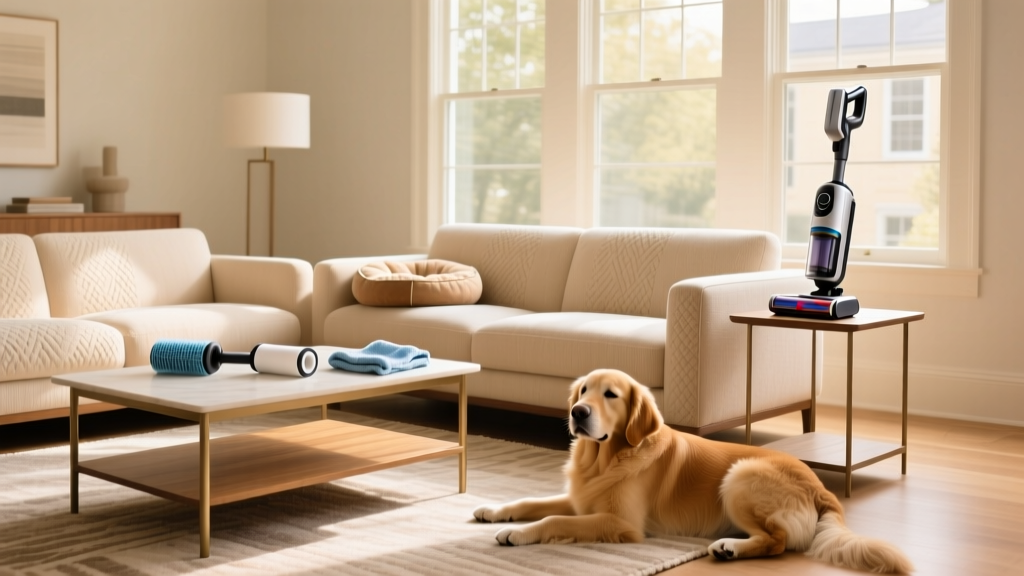 Living room with dog-friendly furniture covers, a vacuum with pet hair attachment, and a lint roller on a side table