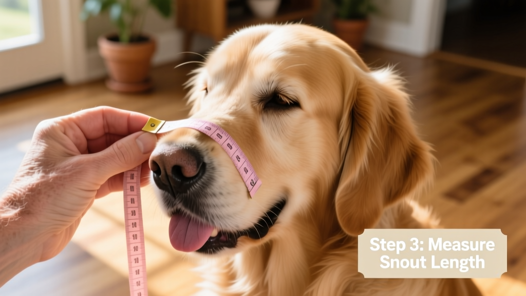 Close-up of a gentle hand measuring a calm dog's snout with a soft tape measure