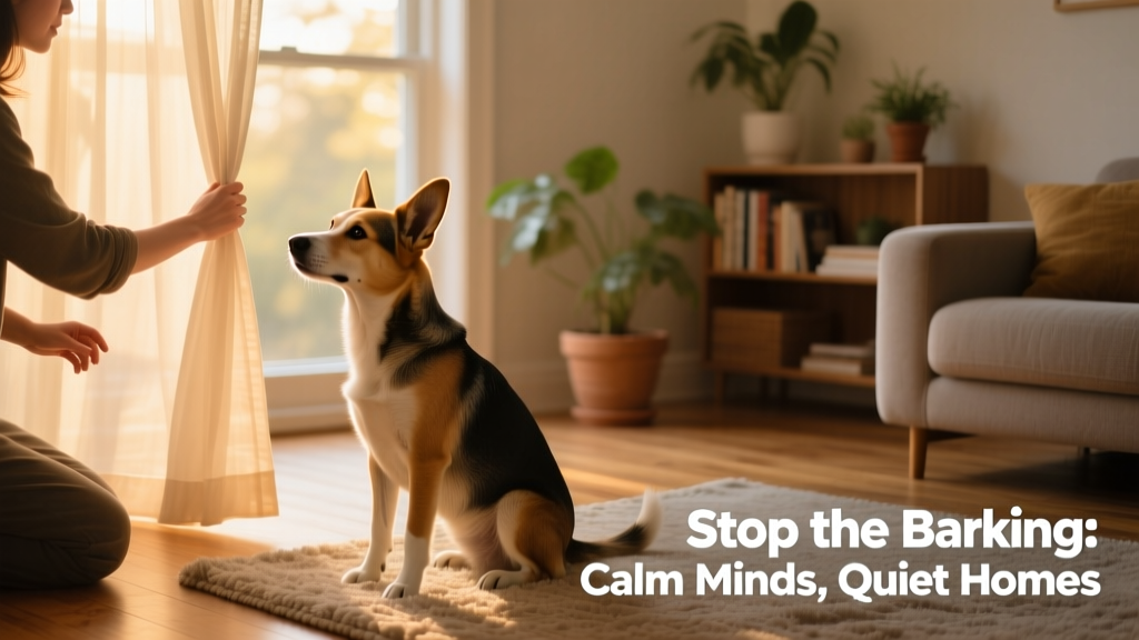 Dog owner gently closing curtains while their dog watches calmly from a nearby rug