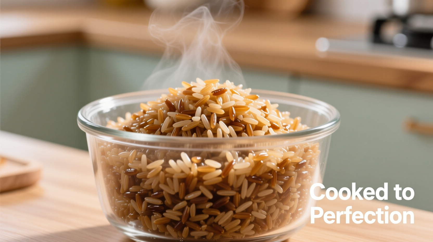 Perfectly cooked brown rice in rice cooker bowl