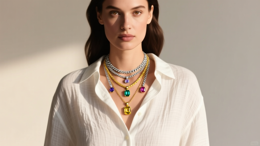 Woman wearing layered sterling silver and 14k yellow gold birthstone pendant necklaces over a crisp white linen button-down shirt.