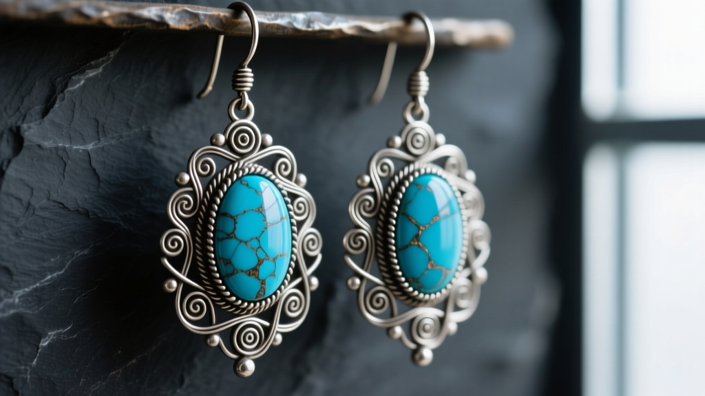Close-up of antique Tibetan silver dangle earrings with genuine turquoise cabochons and intricate filigree wirework on dark slate