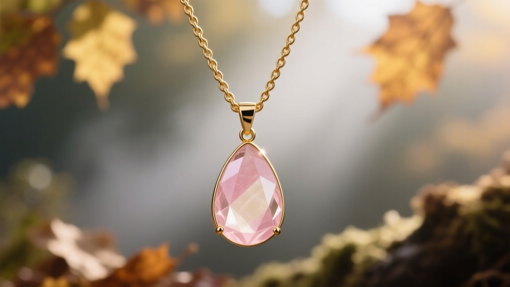 Delicate 14k gold-filled rope chain holding a faceted rose quartz teardrop pendant against a softly blurred natural background