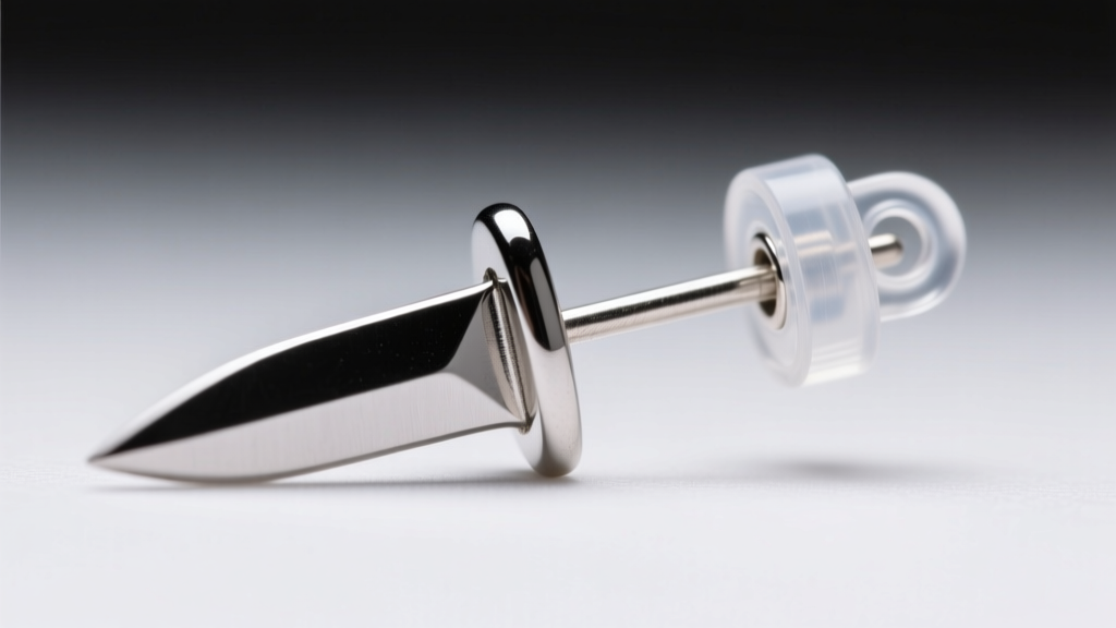 Macro shot of a silver dagger earring post, highlighting the 18-gauge wire and a clear silicone ear back support for heavy drops