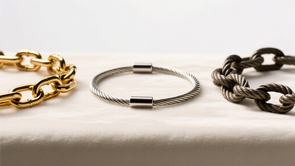 Three chains: an 18-gauge silver cable, a brass curb, and a steel rope chain on white velvet under warm studio light.