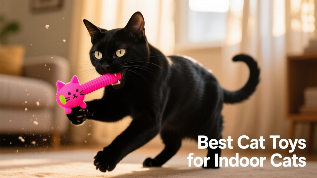 A black and white cat playing, a bright pink cat toy in its mouth