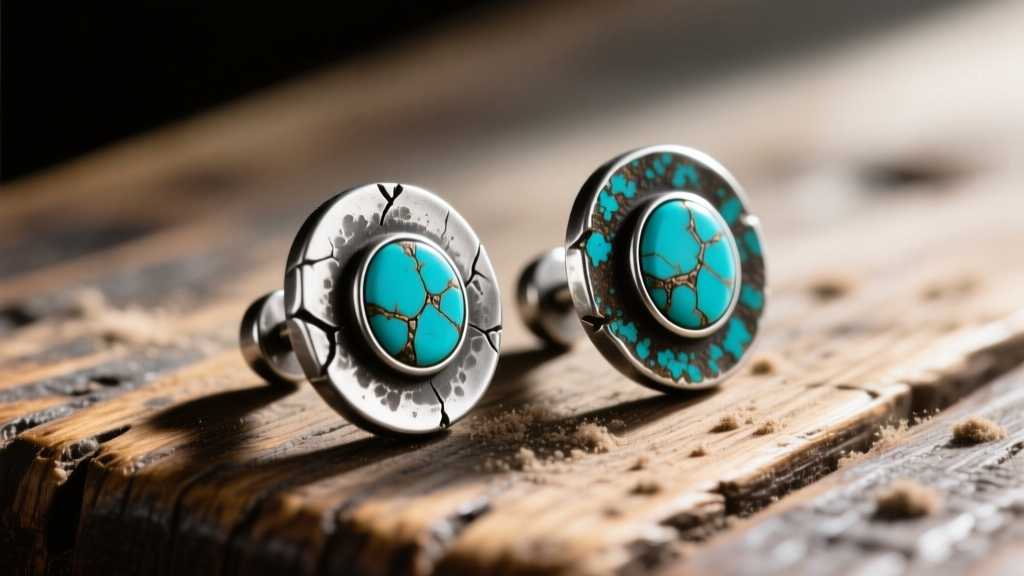 Rugged coin silver studs with raw turquoise and deep liver of sulfur oxidation, photographed on a weathered wooden saloon table.