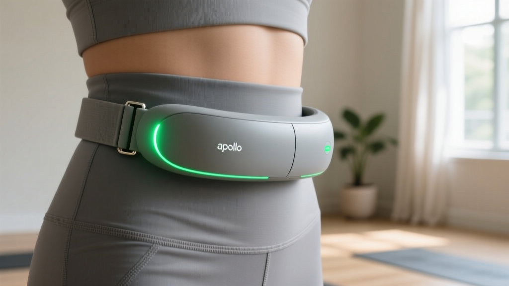 Close up of Apollo Neuro 3 wearable device clipped to a gray yoga waistband vibrating softly with a green LED indicator light