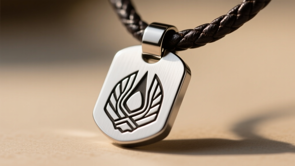 Macro shot of 316L stainless steel Survey Corps key necklace showing laser-engraved details and a brushed finish on dark leather.
