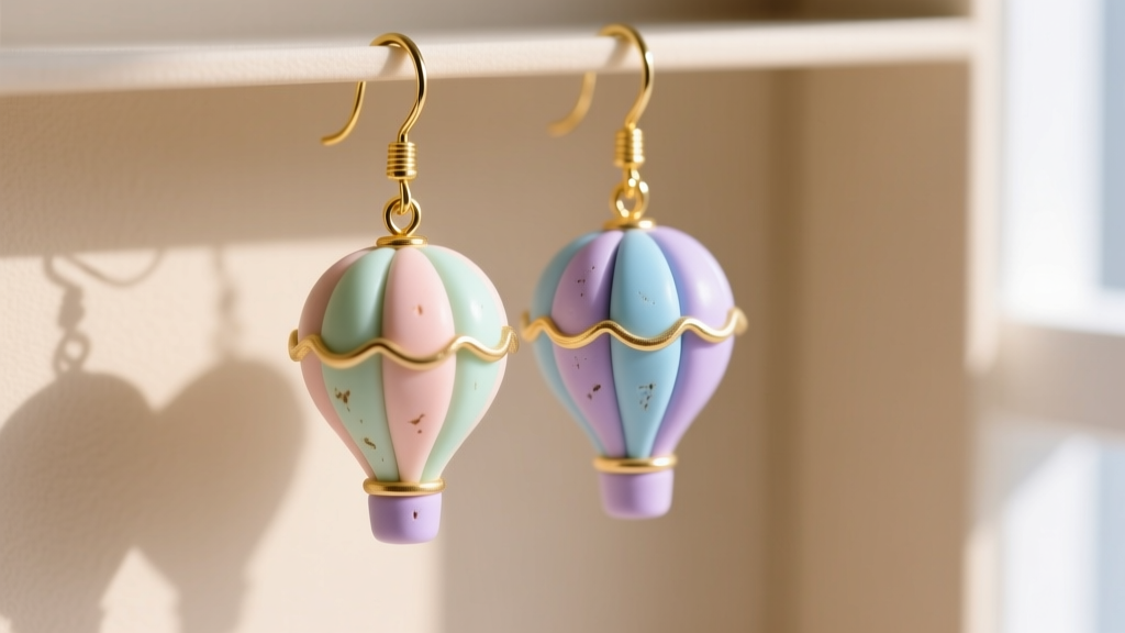 Close-up of pastel polymer clay hot air balloon drop earrings on gold-filled French hooks against a soft beige backdrop.