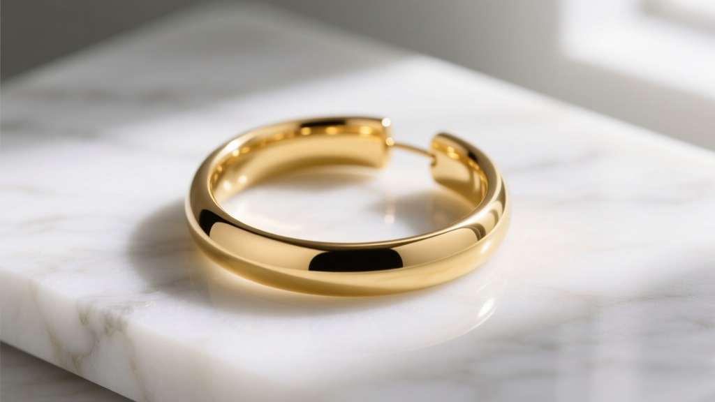 Close-up of a seamless 18k yellow gold continuous earring band resting on white marble, reflecting soft natural window light.