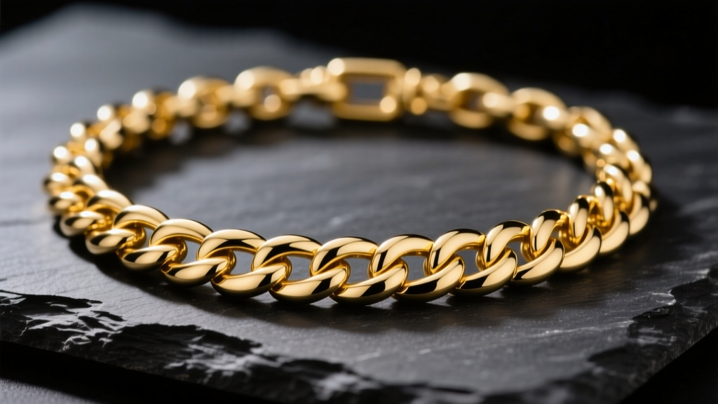 Studio close-up of a polished 14k yellow gold 3mm Cuban link necklace on dark slate, highlighting interlocking links