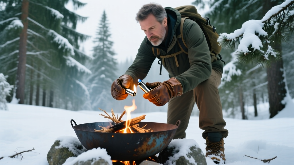 Hiker using a dual-arc plasma lighter to ignite dry tinder in a steel fire pit while wearing heavy leather gloves in a snowy pine forest