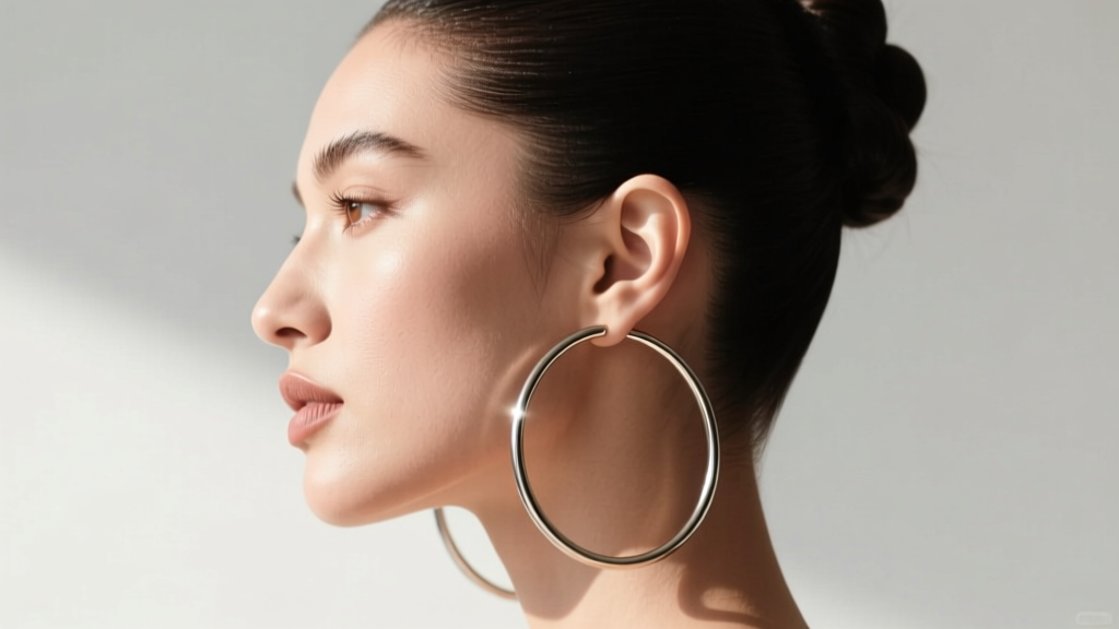 Side profile of a model with an updo wearing oversized 70mm lightweight continuous wire hoops designed to easily avoid snags