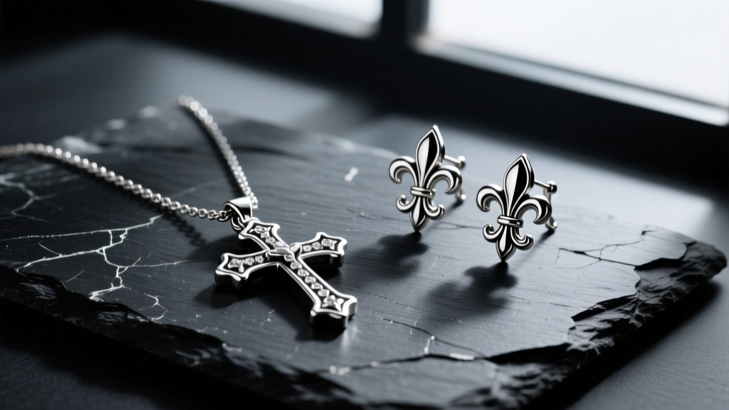 Flat lay of luxury gothic jewelry featuring sterling silver cross and fleur-de-lis earrings on a scratched black slate surface