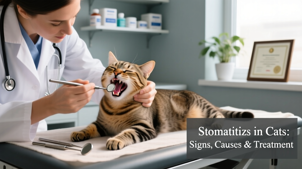 Veterinarian performing a gentle oral exam on a sedated cat, with dental tools visible