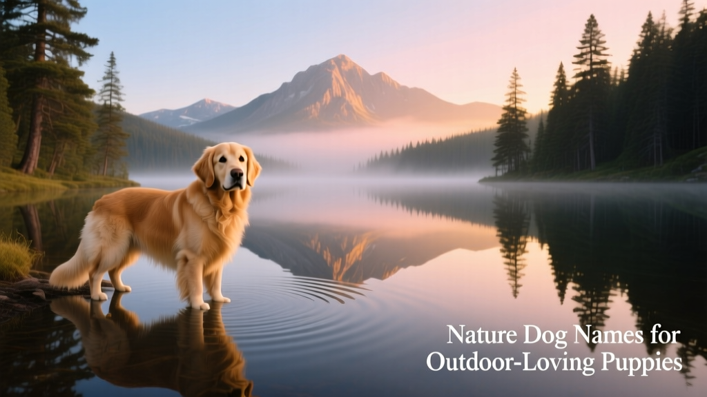 A calm dog standing beside a still, mirror-like mountain lake at dawn