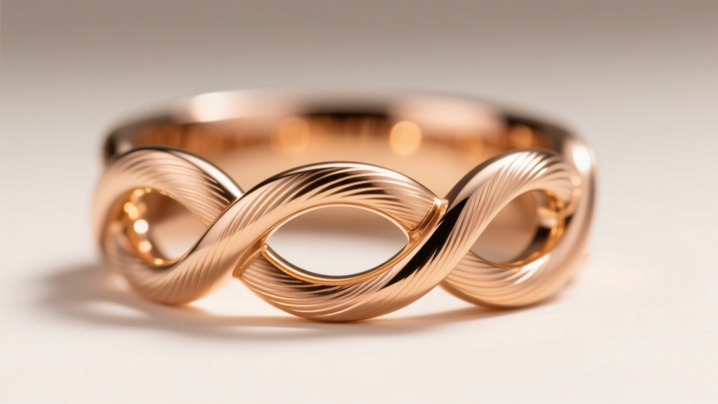 Macro shot of an 18k rose gold interlocking band with three woven rings, showing polished metal grain under soft studio lighting.