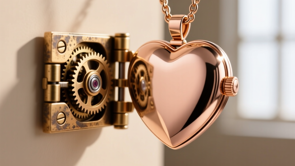 Macro photography of a sturdy brass piano hinge mechanism on the side of a polished 18k rose gold heart-shaped locket pendant